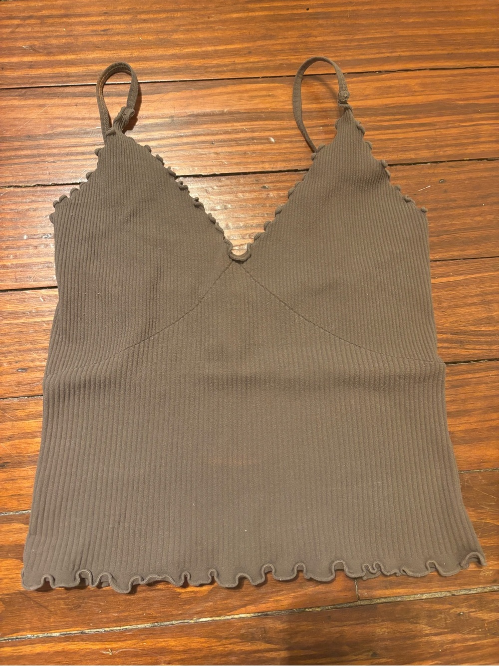 Free People Ribbed V‑Neck Scallop Edge Cami - Brown